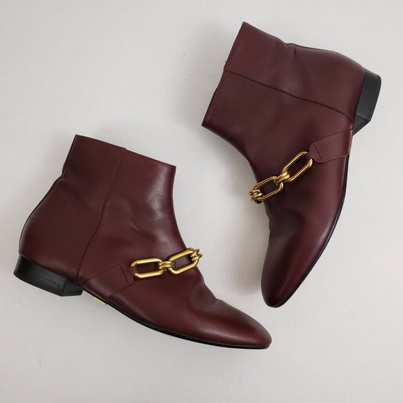 Michael Kors Burgundy Red Leather Flat Ankle Boots with Gold Chain Size 39 7 - Picture 1 of 7